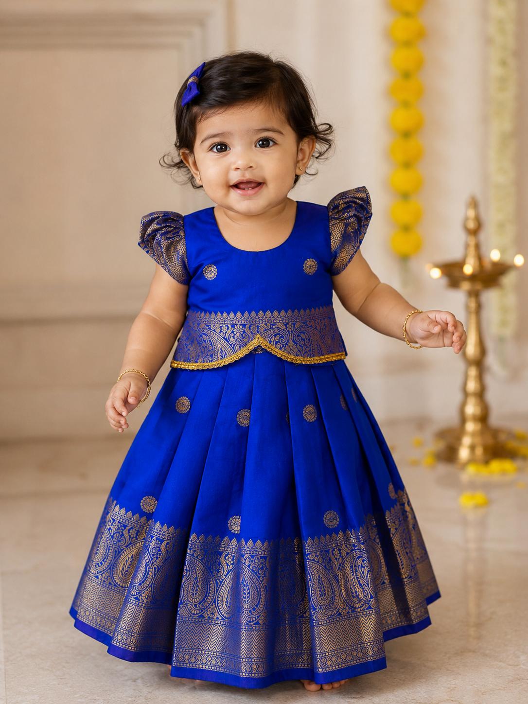 Royal Blue & Gold Pattu Pavadai Frock for Baby Girls